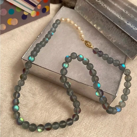 Rainbow Moonstone Pearl 14K Yellow Gold Clasp Strand Necklace
